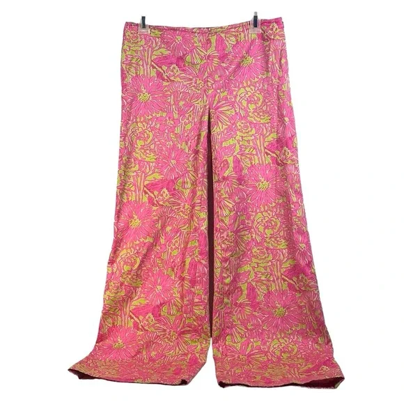 Lilly Pulitzer the seacret garden print green pink wide leg pant sz 4 - Picture 1 of 8